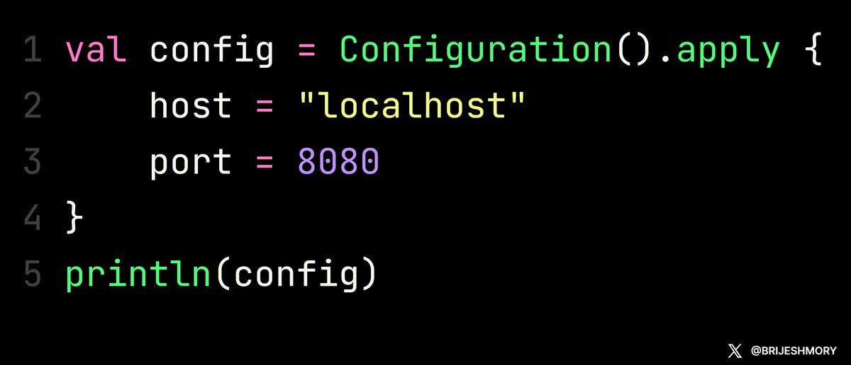 BRIJESHMORY's tweet image. Kotlin :
Simplify Builders with apply
Use apply to simplify initialization of complex objects
Makes code concise and organized!
#Kotlin #CleanCode #BuilderPattern #AndroidDev