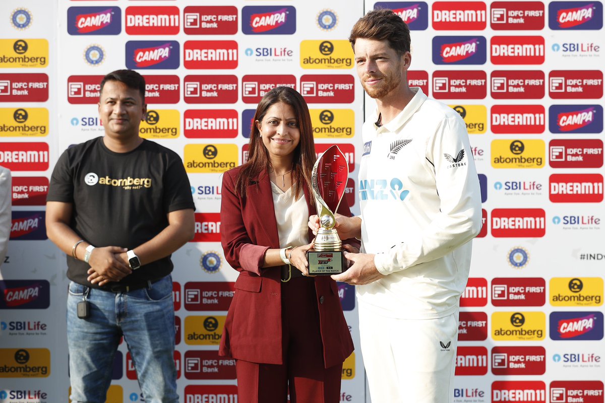 BLACKCAPS's tweet photo. New Zealand’s third best Test match figures of all-time (13-157). A Player of the Match performance to help create history for New Zealand by Mitchell Santner! #INDvNZ #CricketNation #Cricket 📸 BCCI https://t.co/6tFGh2Cxyf