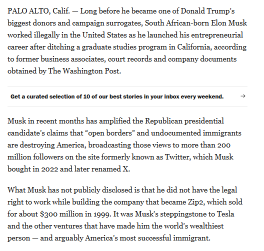 Jeff Stein (@jstein_wapo) on Twitter photo Scoop from <a href="/mariasacchetti/">Maria Sacchetti</a> <a href="/faizsays/">Faiz Siddiqui</a> & <a href="/NickMiroff/">Nick Miroff</a>
<a href="/elonmusk/">Elon Musk</a> launched his career working illegally
washingtonpost.com/business/2024/… Scoop from <a href="/mariasacchetti/">Maria Sacchetti</a> <a href="/faizsays/">Faiz Siddiqui</a> & <a href="/NickMiroff/">Nick Miroff</a>
<a href="/elonmusk/">Elon Musk</a> launched his career working illegally
washingtonpost.com/business/2024/…
