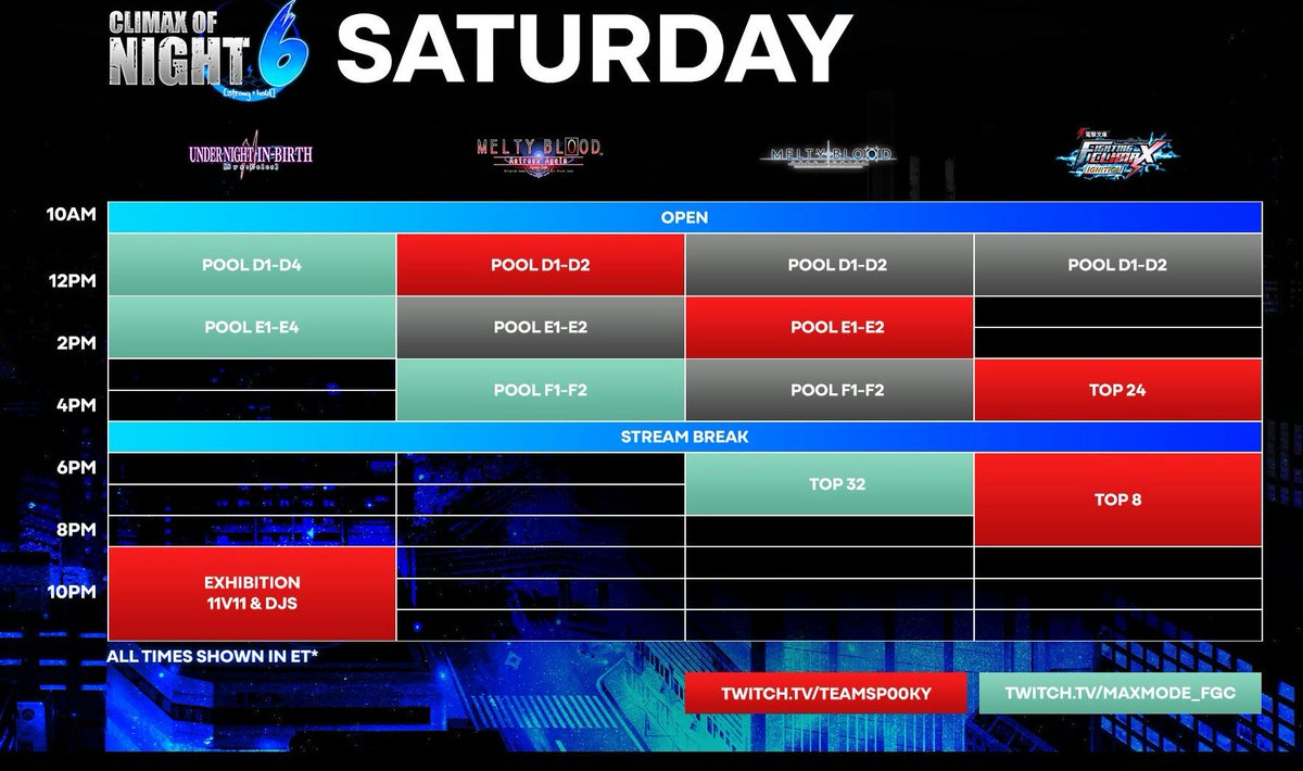 AFGCNews's tweet photo. Day 2 of Climax of Night is about to begin! UNI2/MBAACC pools, Top 32 of Type Lumina and Top 8 of Dengeki Bunko Fighting Climax Ignition will go down today!

Refer to the schedule below for the streams and times!

Note: Top 24 and Top 8 of DFCI will be on https://t.co/VonNIkpTBX https://t.co/N3JL3KGItx