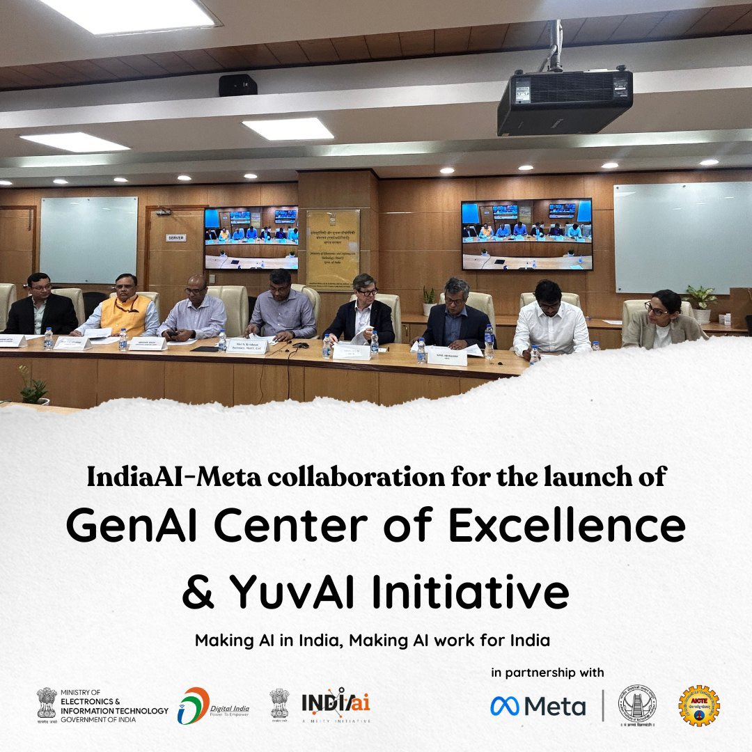 Collaboration of <a href="/OfficialINDIAai/">IndiaAI</a> 🇮🇳 and <a href="/Meta/">Meta</a> for #AI 

Centre for Generative AI, “Srijan” (सृजन) 🏫 to come at <a href="/iitjodhpur/">Indian Institute of Technology Jodhpur</a> 

🎓 YuvAi Initiative for Skilling and Capacity Building to empower 1,00,000 students &amp; young developers with AI skills

pib.gov.in/PressReleasePa…
