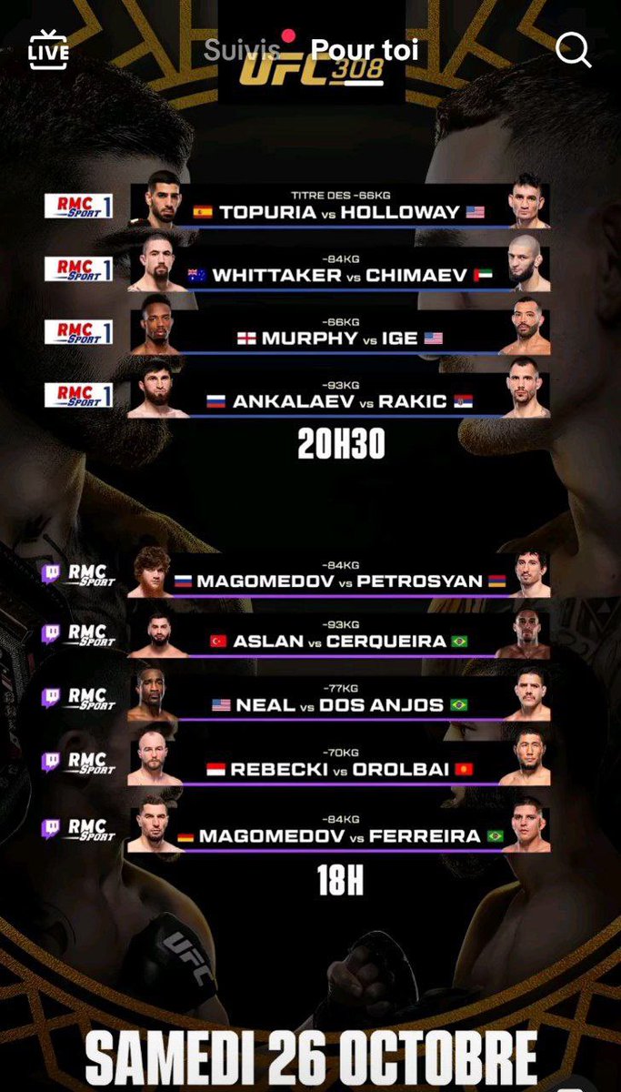 fox121480's tweet photo. 🚨 UFC 308 EN DIRECT EN FRANÇAIS 🚨

Ce samedi, toute la carte de l’UFC 308 sera diffusée en intégralité et en exclusivité en français ! 🥊🔥

👉 Nouveau lien Telegram en bio pour suivre tous les combats en direct ! Ne rate pas ça !

#UFC308 #MMA #StreamingLive #UFCFrance https://t.co/n31Nu54mdo