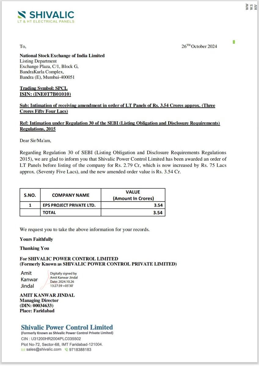 Jayasateesh1's tweet image. 📚Shivalic power control limited received Order worth Rs.3.54 Cr from  EPS PROJECT PVT LTD
#vismaya26
#SPCL