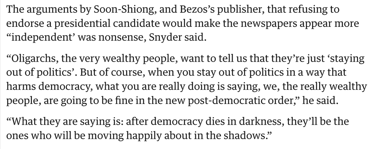 Jay Rosen (@jayrosen_nyu) on Twitter photo "After democracy dies in darkness, they’ll be the ones who will be moving happily about in the shadows.”
Timothy Snyder on what the media oligarchs have revealed about themselves. theguardian.com/us-news/2024/o… "After democracy dies in darkness, they’ll be the ones who will be moving happily about in the shadows.”
Timothy Snyder on what the media oligarchs have revealed about themselves. theguardian.com/us-news/2024/o…