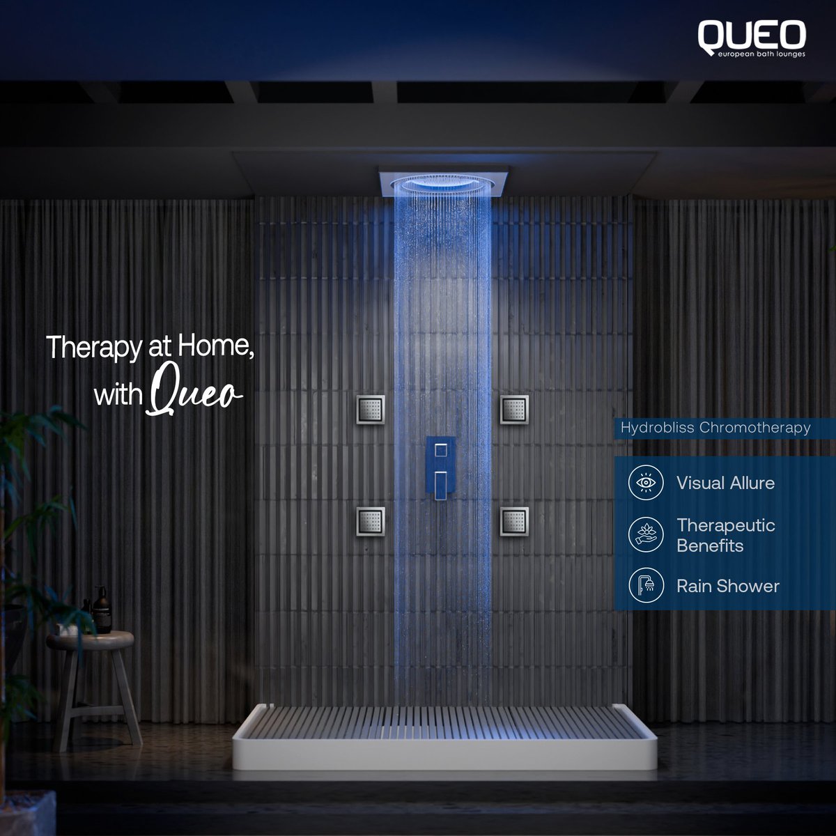 Hindware_India's tweet photo. Turn your daily shower into a retreat with the Hydrobliss Chromotherapy Shower ✨
The blend of modern lighting and soothing rain simulation offers a unique experience that enhances your well-being .
#queo #queobathrooms https://t.co/L65L4B5vW9