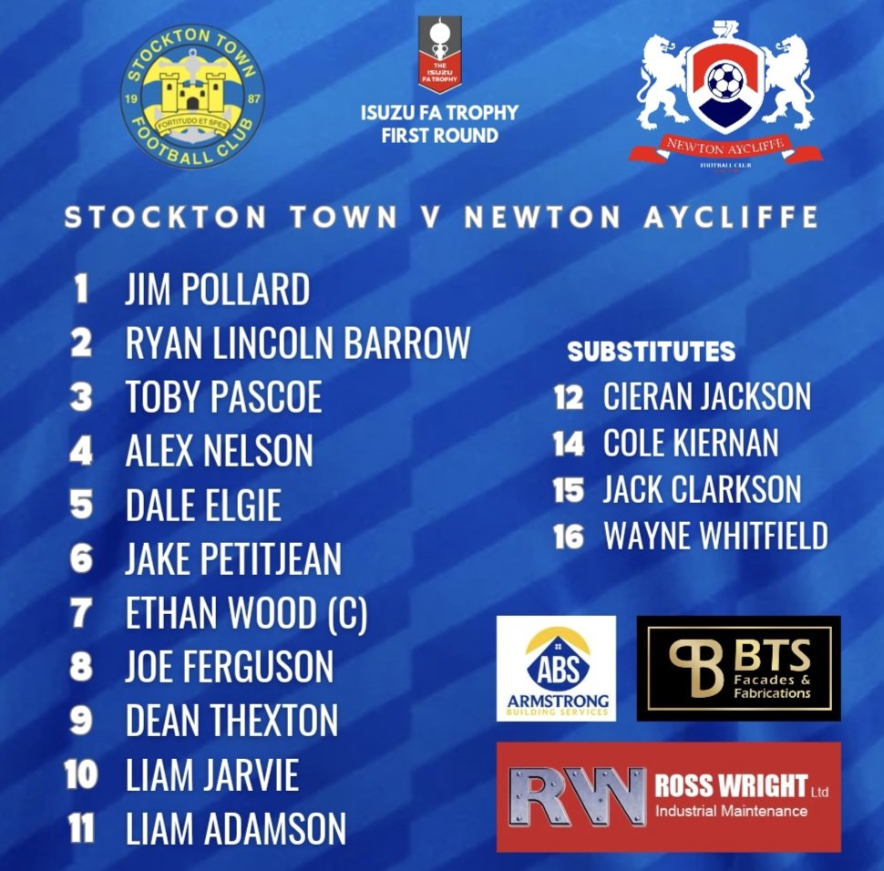 TEAM NEWS 

Your Newton Aycliffe starting line up for today's Isuzu FA Trophy First Round tie against Stockton Town..

and it's an unchanged starting 11 from Tuesday's home victory over Consett 

Proud to be supported by Ross/Wright Ltd 
&amp; <a href="/BtsFabs/">BTS Fabs</a>