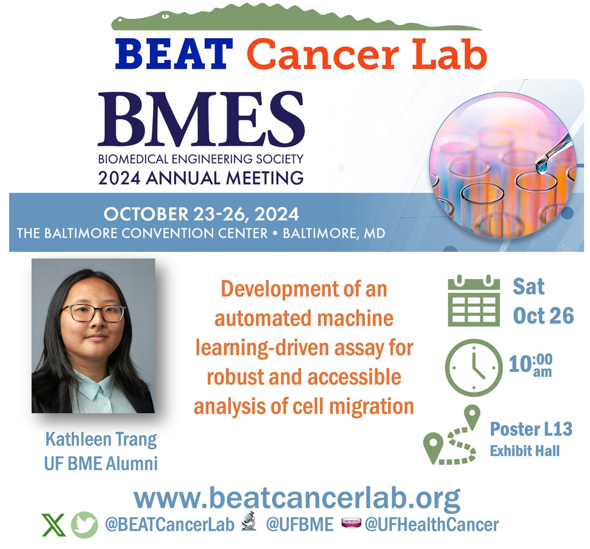 Come check out <a href="/BEATCancerLab/">BEAT Cancer Lab</a> alum <a href="/KathleenTrang/">Kathleen T</a> present her honors thesis work at #BMES2024 this lovely Saturday morning at 10am!! <a href="/UFBME/">UF BME</a> <a href="/UFWertheim/">UF Engineering</a> <a href="/UFHealthCancer/">UF Health Cancer Center</a> <a href="/BMESociety/">Biomedical Engineering Society</a>