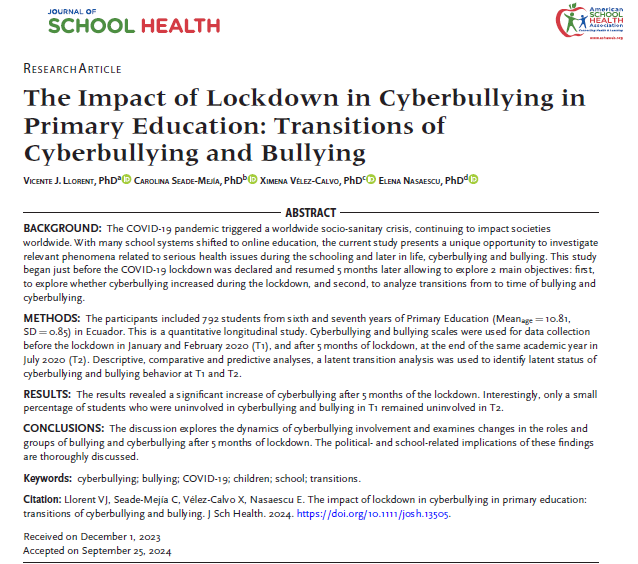🆕Our newest publication on Journal of School Health is out!
Check it out👉 doi.org/10.1111/josh.1…
#journalofschoolhealth #josh #schoolhealth #youthmentalhealth #research #bullying #cyberbullying