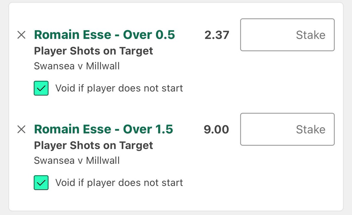 🏴󠁧󠁢󠁥󠁮󠁧󠁿 Swansea vs Millwall 

Romain Esse Over 0.5 Shots on Target

Stake 1u @ 2.37

2.00 Min

Romain Esse Over 1.5 Shots on Target

Stake 0.25u @ 9.00

7.00 Min

Esse Shots on Target -
2,1,1,2,1,2
