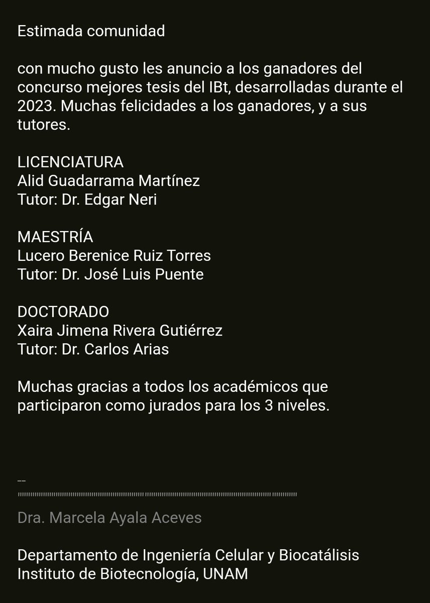 Me siento muy feliz, orgullosa y honrada de recibir este reconocimiento. Gracias <a href="/UNAM_MX/">UNAM</a> y gracias <a href="/ibt_unam/">Instituto de Biotecnología UNAM</a> por permitirme aprender, maravillarme con los seminarios y agarrarle más cariño a la ciencia y sobre todo, a los virus. #fuerzaGAL #OrgulloIBt