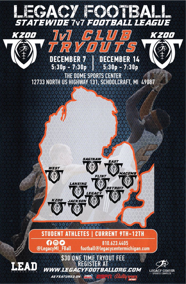 Legacy Football Organization (@legacymi_fball) on Twitter photo Legacy 7v7 Statewide League Tryouts
🧊REP YOUR CITY🧊
Team: KZOO
Date: December 7 & 14
Time: 5:30-7:30pm
Location: The Dome Sports Center
Age: Current 9th- 12th Graders
register @ tinyurl.com/legacykzoo7v7
<a href="/LegacyKZoo/">Legacy KZoo</a> <a href="/LegacyLouAdams/">Louis Adams</a> <a href="/Legacy_Recruit/">Legacy Recruiting</a> <a href="/gamebreakerhg/">GameBreaker</a>
#Legacy Legacy 7v7 Statewide League Tryouts
🧊REP YOUR CITY🧊
Team: KZOO
Date: December 7 & 14
Time: 5:30-7:30pm
Location: The Dome Sports Center
Age: Current 9th- 12th Graders
register @ tinyurl.com/legacykzoo7v7
<a href="/LegacyKZoo/">Legacy KZoo</a> <a href="/LegacyLouAdams/">Louis Adams</a> <a href="/Legacy_Recruit/">Legacy Recruiting</a> <a href="/gamebreakerhg/">GameBreaker</a>
#Legacy