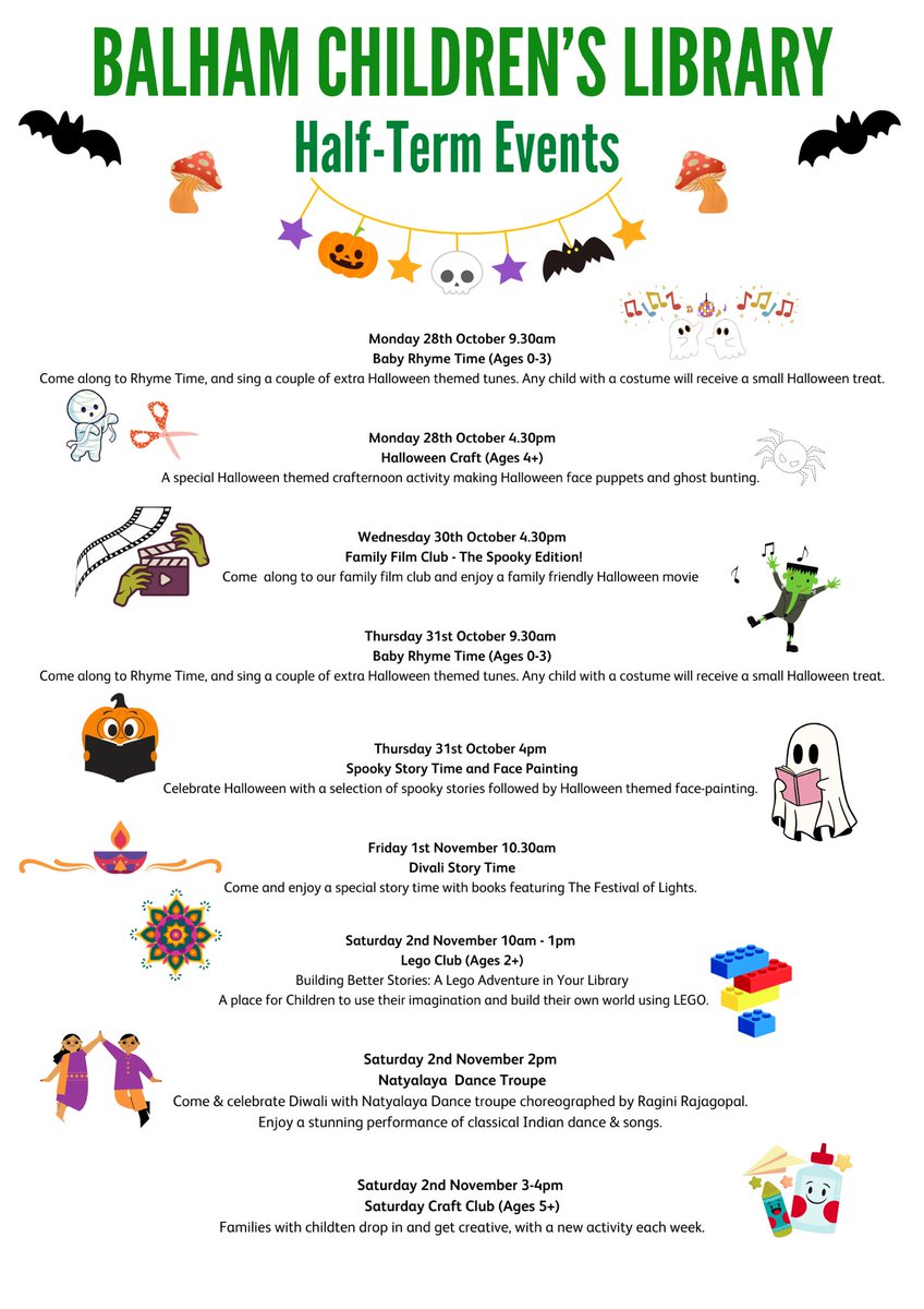 Better_Balham's tweet image. Lots happening this #HalfTerm at #BalhamLibrary
Our usual Baby Rhyme Times, Storytimes, Saturday Lego &amp;amp; Craft are still going ahead!
With added spooky craft on Monday, Family Film Club on   Wednesday &amp;amp; face painting on Thursday!
No booking necessary!
@wandsworthlibs