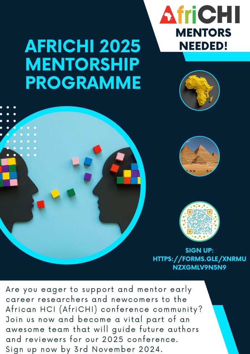 friCHI 2025 Mentorship Programme - Mentors Needed!  Become a vital part of an amazing team that will help shape the future of African HCI by mentoring future authors and reviewers.  Deadline to sign up: 3rd November 2024  🔗 Apply here: lnkd.in/d4QVarxj