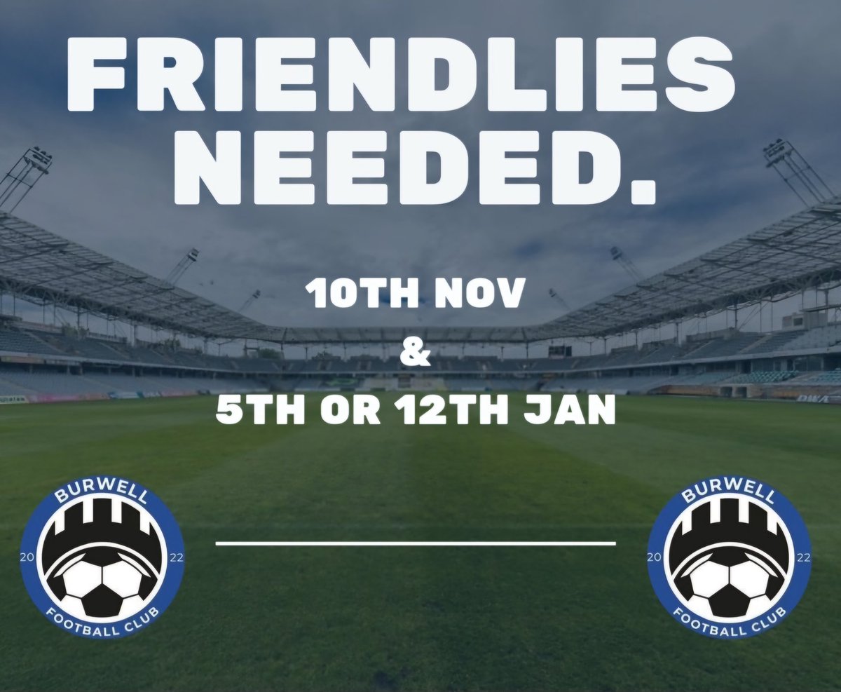 We're looking for a couple of friendlies on the 10th Nov and either the 5th or 12th Jan.. of your interested then DM or comment pls.

#retweet #football #friendlies #cambridgeshire #vetsfootball

<a href="/CambsFA/">Cambridgeshire FA</a> <a href="/FRIENDLYGAMEUK/">Friendly Game</a> <a href="/fffinderuk/">football Friendly finder</a>