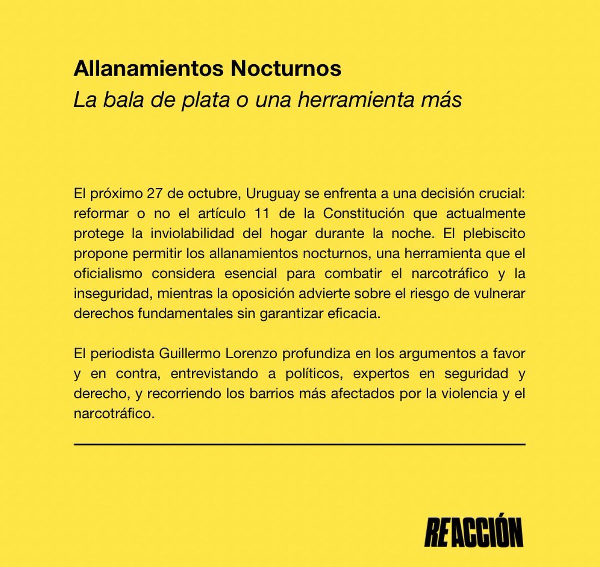 reaccionorg's tweet photo. Si usted se quiere informar sobre lo que se vota con la papeleta amarilla, puede ver nuestro informe en el que @Guillelorenzo20 recorrió barrios afectados por el narcotráfico, bocas de venta de droga y escuchó los argumentos de quienes están a favor y en contra.  

Mírelo acá: 
https://t.co/cJqEp0j2fV