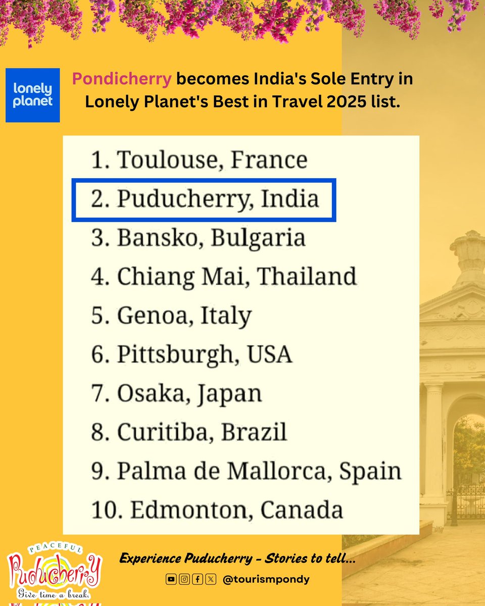 tourismpondy's tweet photo. #ProudMoment Lone Indian destination  on the list🔥🌻🌿
The Government of Puducherry is dedicated to responsible tourism that respects local culture - community. This recognition will further strengthen local economy, attract visitors, and increase tourism investment. https://t.co/W4zdG4ypdn