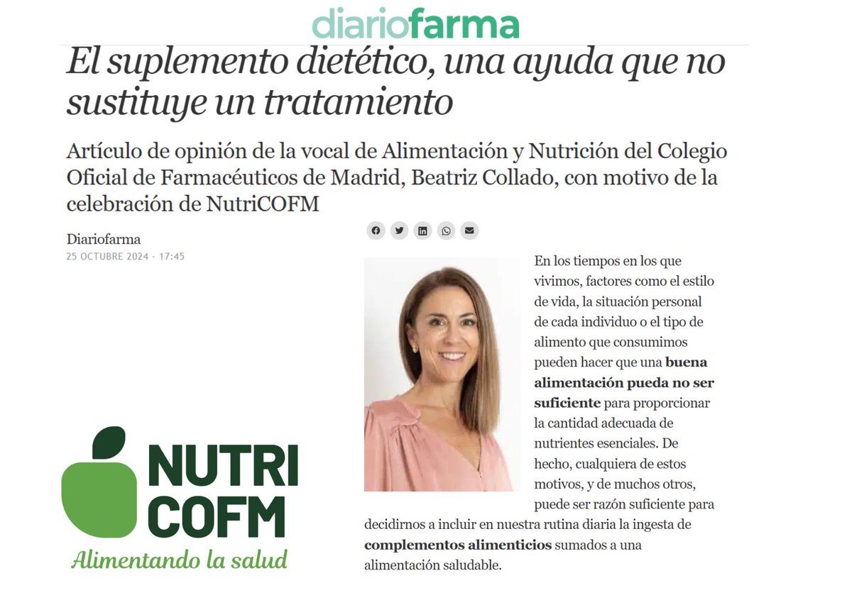 COFMadrid's tweet photo. "Hay muchos tipos de #complementosalimenticios, y es clave que la elección la haga un #profesionalsanitario como el #farmacéutico, que conoce las dolencias de su paciente y la medicación que toma. De ello hablaremos en #NutriCOFM (29 de oct.)" https://t.co/anfss2k407 @diariofarma https://t.co/mN4ScxWF1T