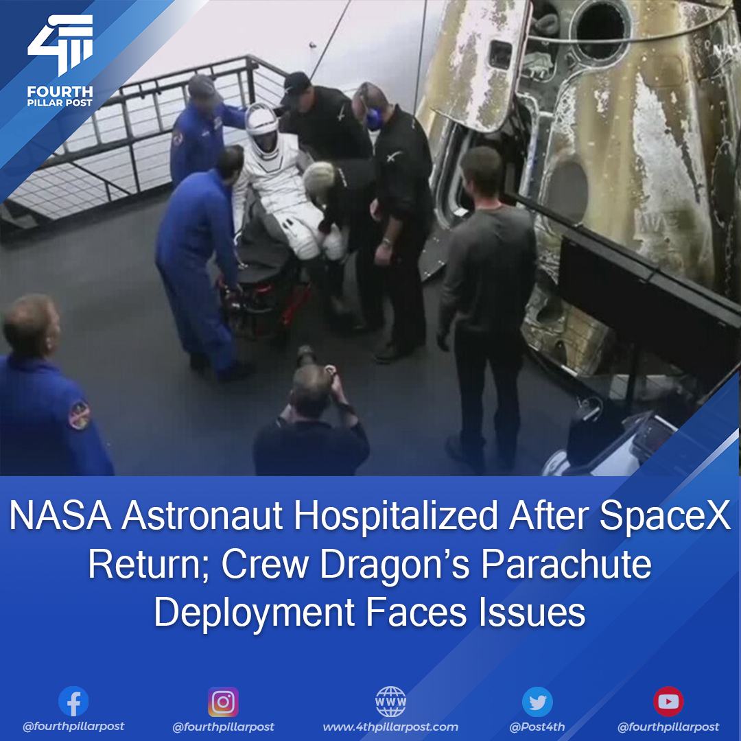 Post4th's tweet image. NASA’s Crew Dragon safely returned four astronauts to Earth, but one was hospitalized shortly after. SpaceX’s longest ISS mission faced minor parachute issues on descent. 
#NASAMission #CrewDragon #SpaceExploration 
Read more: 4thpillarpost.com