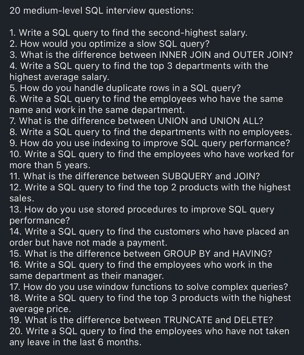 ezekiel_aleke's tweet image. 20 most common SQL Interview Questions for you:

Don’t skip no. 15🔥🔥