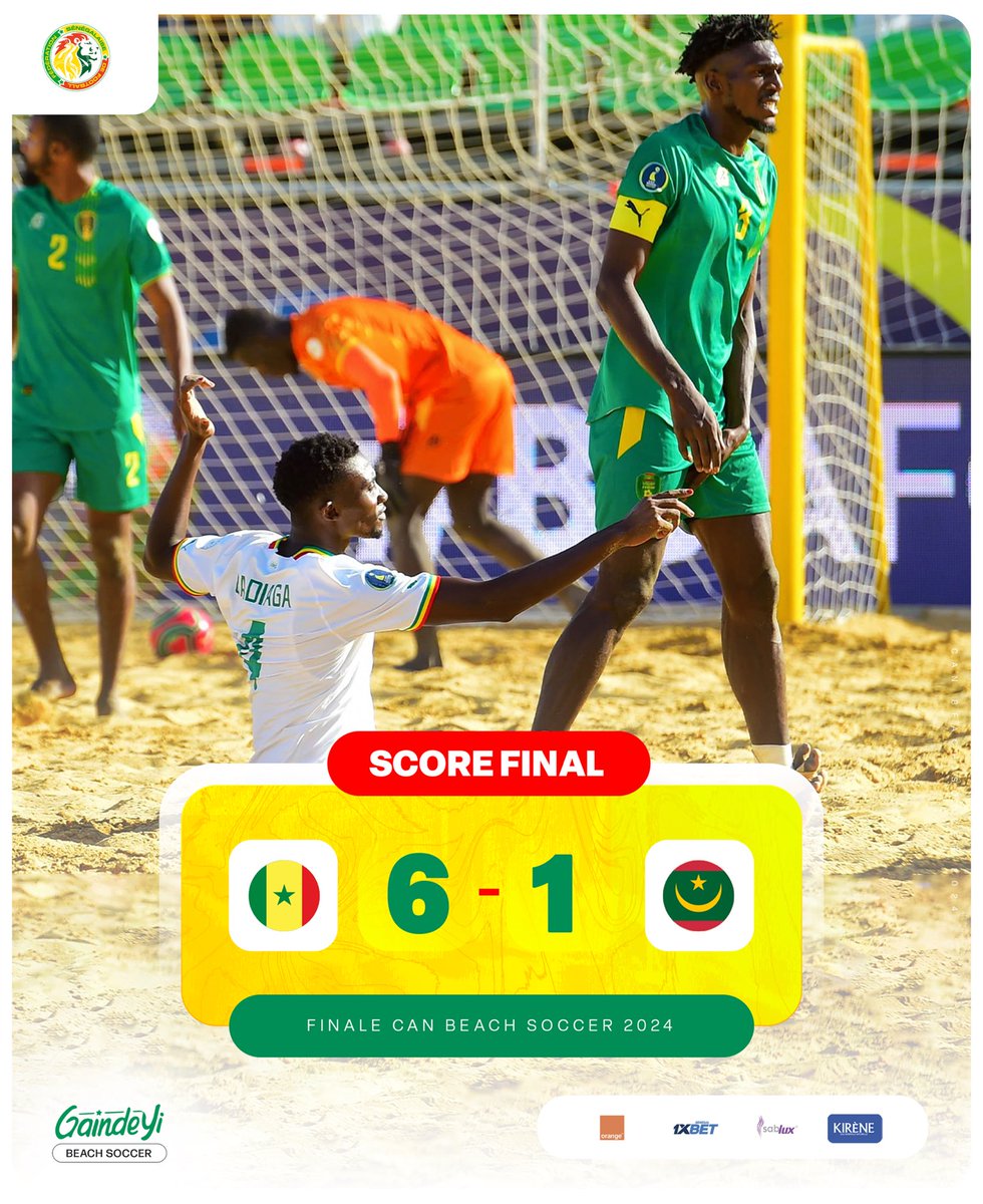 Fsfofficielle's tweet photo. 𝙁𝙄𝙉 𝘿𝙀 𝙈𝘼𝙏𝘾𝙃 | Le Sénégal bat la Mauritanie sur un score de 6-1 et remporte la CAN Beach Soccer 2024. Les rois de la plage font honneur à leur rang et s’adjugent leur 8e trophée continental, le 5e de suite. 𝘽𝙍𝘼𝙑𝙊 𝘾𝙃𝙀𝙍𝙎 𝙇𝙄𝙊𝙉𝙎 🇸🇳🇸🇳🇸🇳🎉🎉🎉 https://t.co/Lax818ZqxI