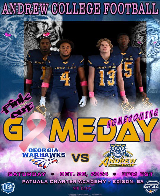 It’s Game Day and Homecoming for your Andrew College Fighting Tigers! 🏈🐅 It’s also a Pink Out—wear pink to support Breast Cancer Awareness! 💖🎗 Let’s bring the energy! 💪

🆚 Georgia Warhawks
🏟️  Pataula Charter Academy 
📍  Edison, GA
⏱️  3:00 pm
📺  andrewfightingtigers.com/blueframe