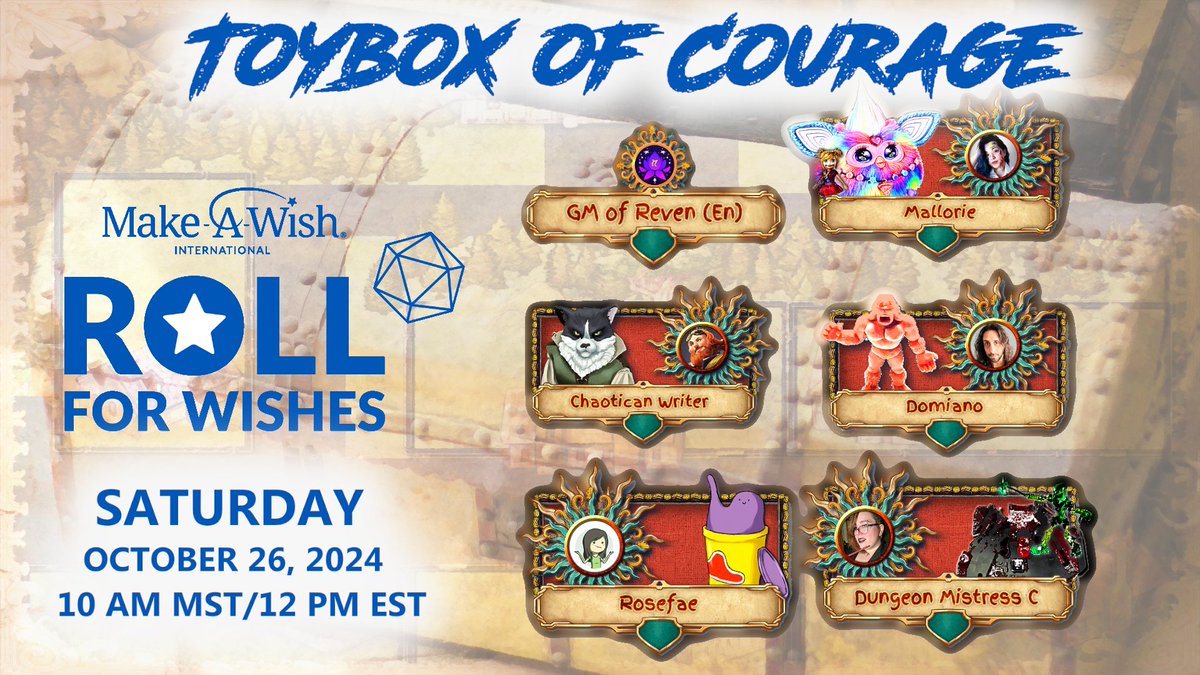 ByAnyOtherName_'s tweet photo. Today I will be participating in the Make-A-Wish foundation's Roll for Wishes actual play event!

I'll be on Toybox of Courage (D&amp;D 2024 GM'd by the lovely @gmofreven ) where I'll be playing Squishtopher the Play-Doh. https://t.co/2C3ciaTKpE
