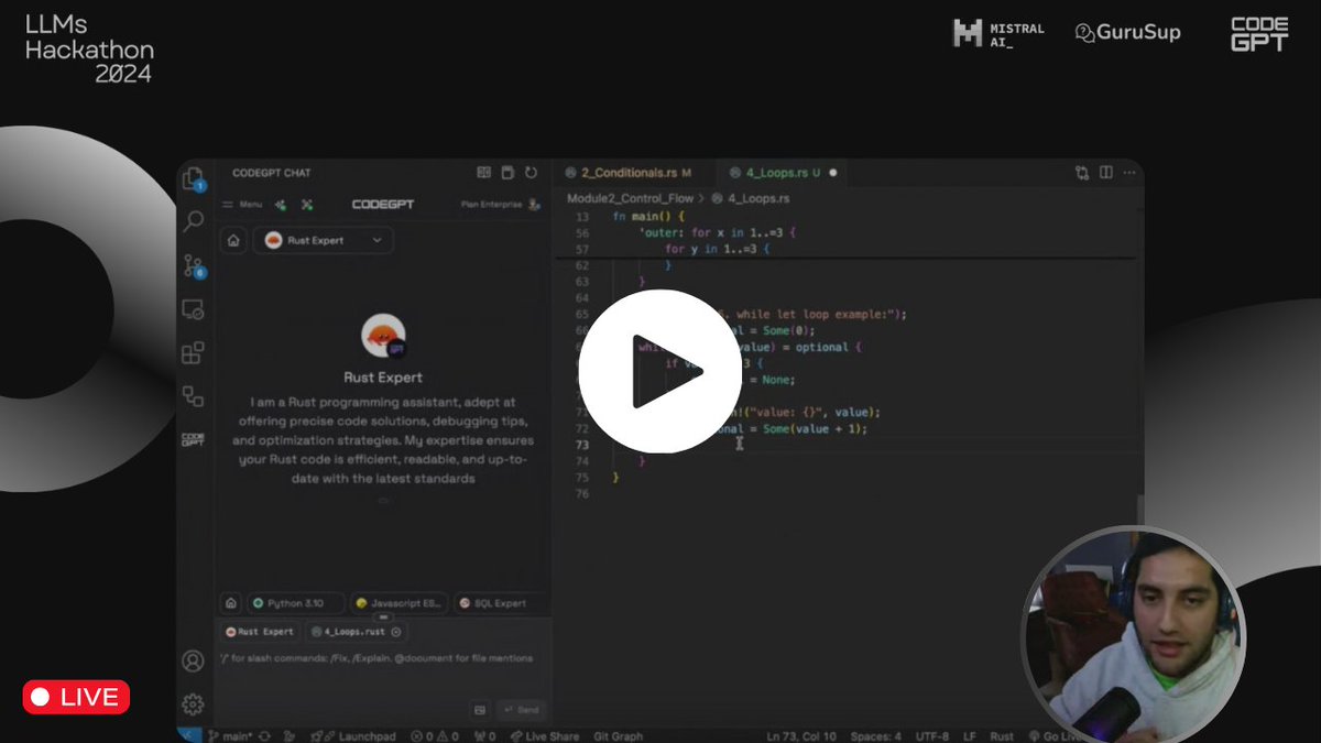 🔴 Estamos en vivo en Hackatón LLM.

⚡ Conecta Git, Bases de datos y AWS con Agentes IA por <a href="/codegptAI/">CodeGPT</a> - <a href="/dani_avila7/">Daniel San</a>
⚡ Qué hemos aprendido implementando LLMs por #GuruSup - #IvánMartínez
⚡ Conecta tu repositorio completo con un Agente de IA por <a href="/codegptAI/">CodeGPT</a>- <a href="/DanielAtik/">Daniel Atik</a>