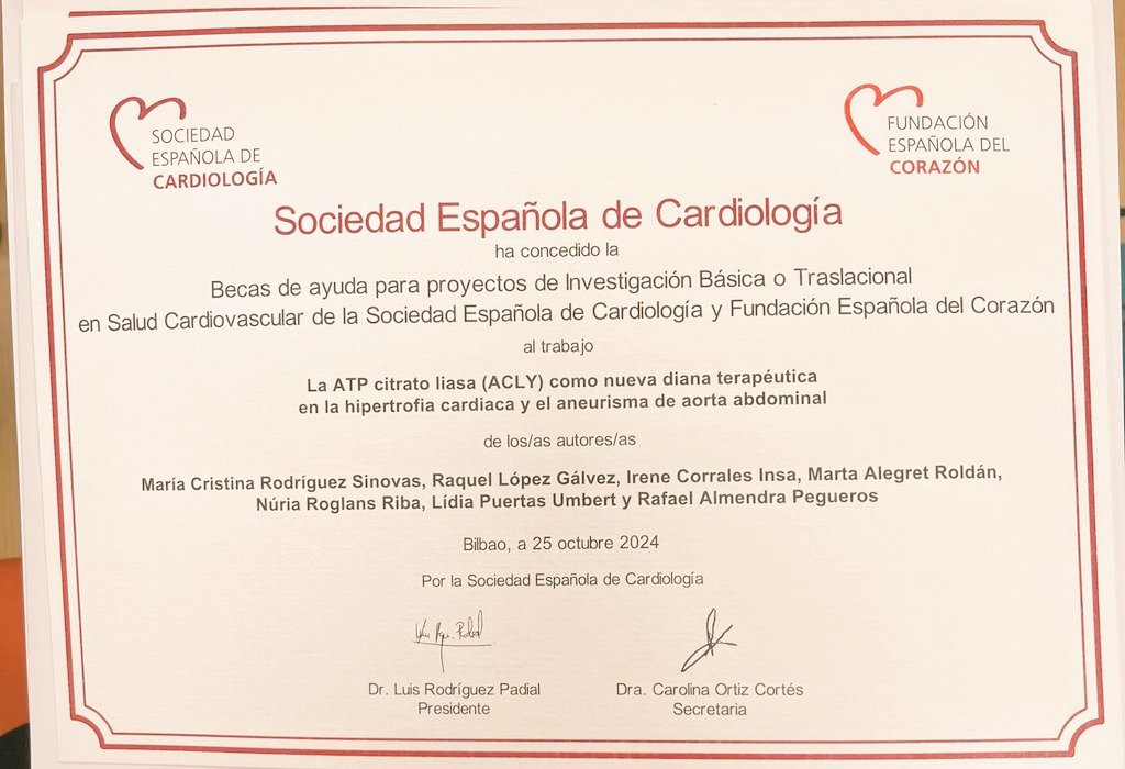 Orgullosos de los premios recibidos por <a href="/MariAsuncardio/">Mari Asun Esteve Pastor</a> y la <a href="/raquellgalvez_/">Raquel</a> en #SEC24. ¡Representando en clínica y básica!