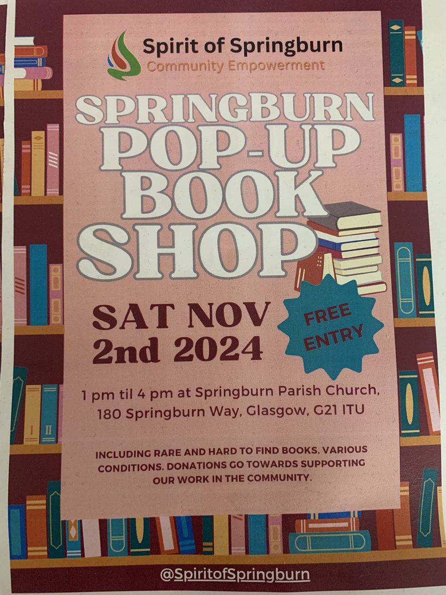 Join us next Saturday, 2nd November, at Springburn Parish Church for our Pop Up Book Shop.

A variety of books will be on offer from best selling fiction to rare and hard to find books. 

All proceeds from the book shop go towards supporting our ongoing community work.