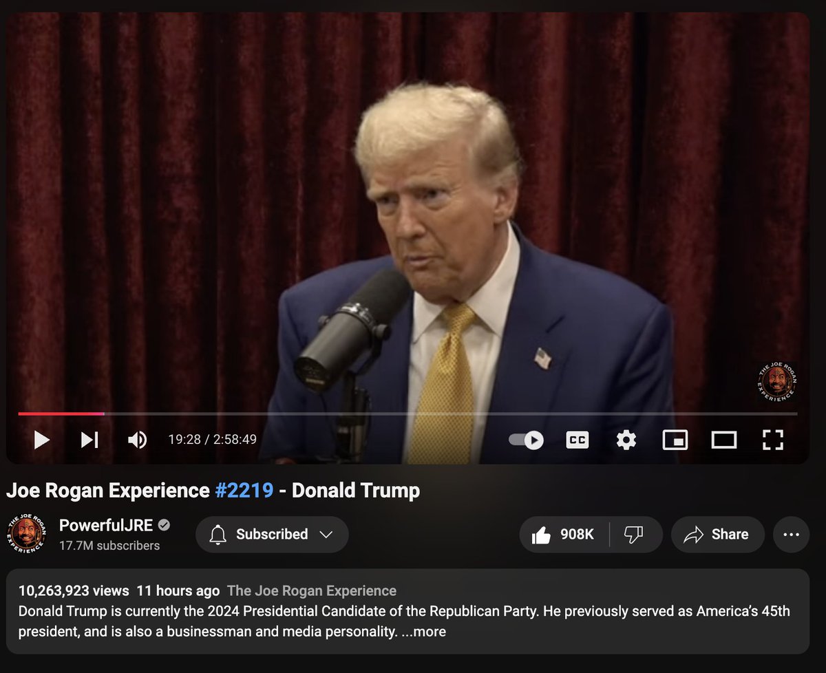 Joe Rogan and Trump: +10M views

Kamala and Beyonce: 500K views

Both published 11 hours ago. 

The elites no longer control culture. 
So humiliating for Democrats.
All their 'support' is fake