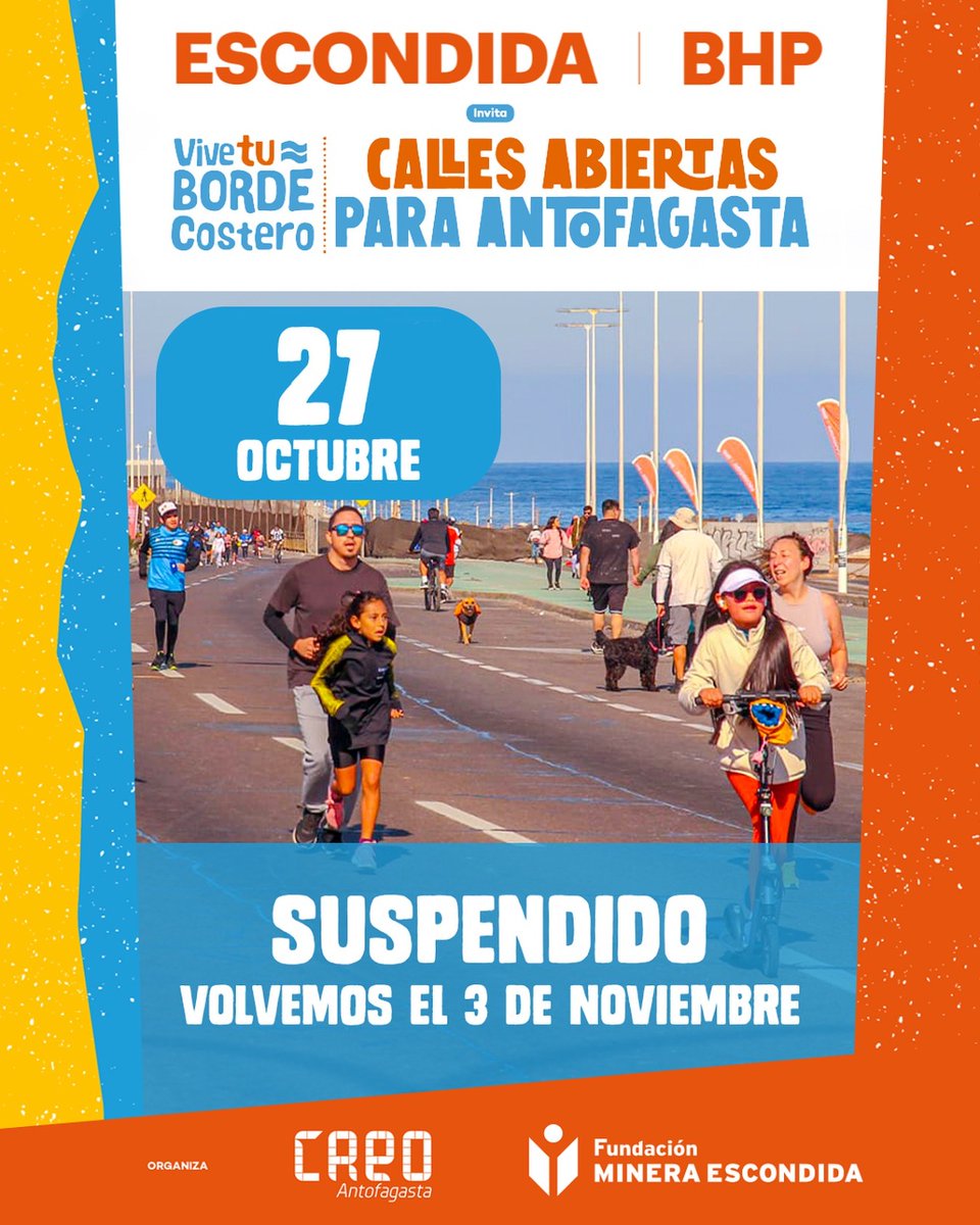 TTIAntofagasta's tweet photo. #Antofagasta (11:55) RECUERDE: Suspensión de actividades "Vive tu borde costero". @MTTAntofagasta https://t.co/oTCANf5aPK
