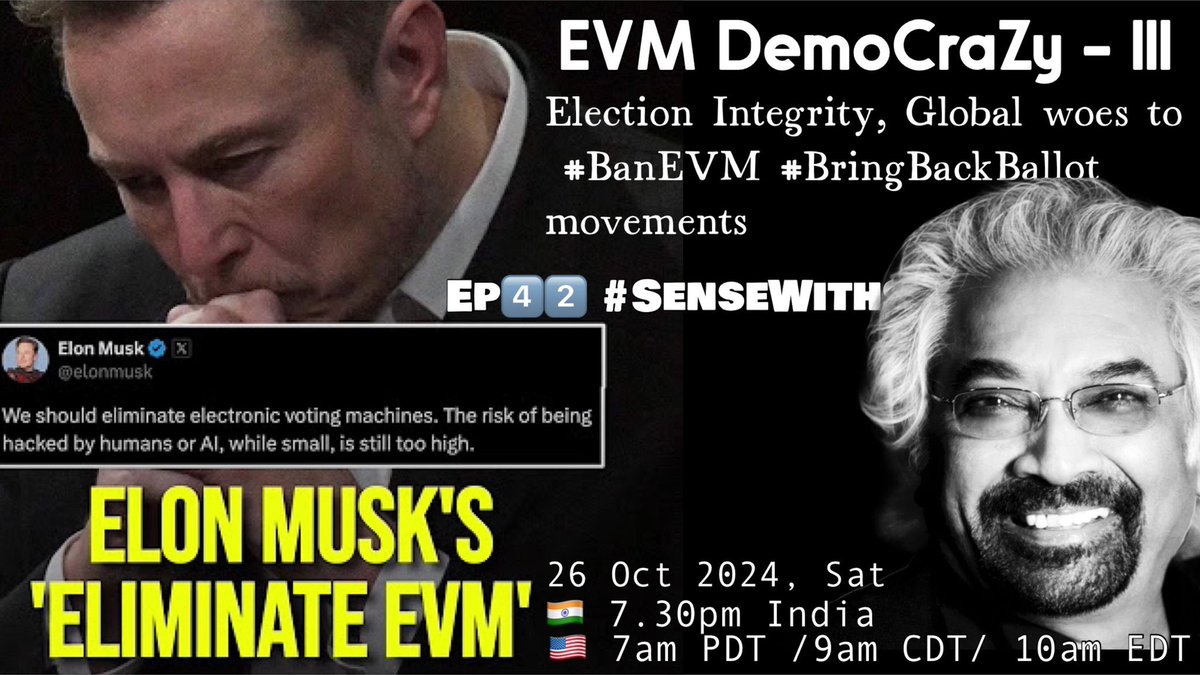 priainc's tweet photo. Join X space #SenseWithSam on EVM and Democracy.
Time 7.30 pm IST https://t.co/OLKMqbEL3G