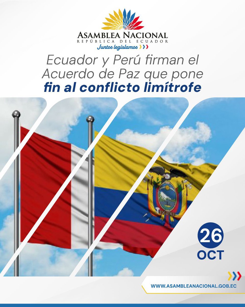 El #26DeOctubre de 1998, los expresidentes Alberto Fujimori y Jamil Mahuad, firmaron en Brasilia el #AcuerdoDePaz que puso fin al conflicto limítrofe entre #Perú y #Ecuador. 

Desde la Asamblea Nacional conmemoramos esta fecha histórica con el compromiso de consolidar la unidad