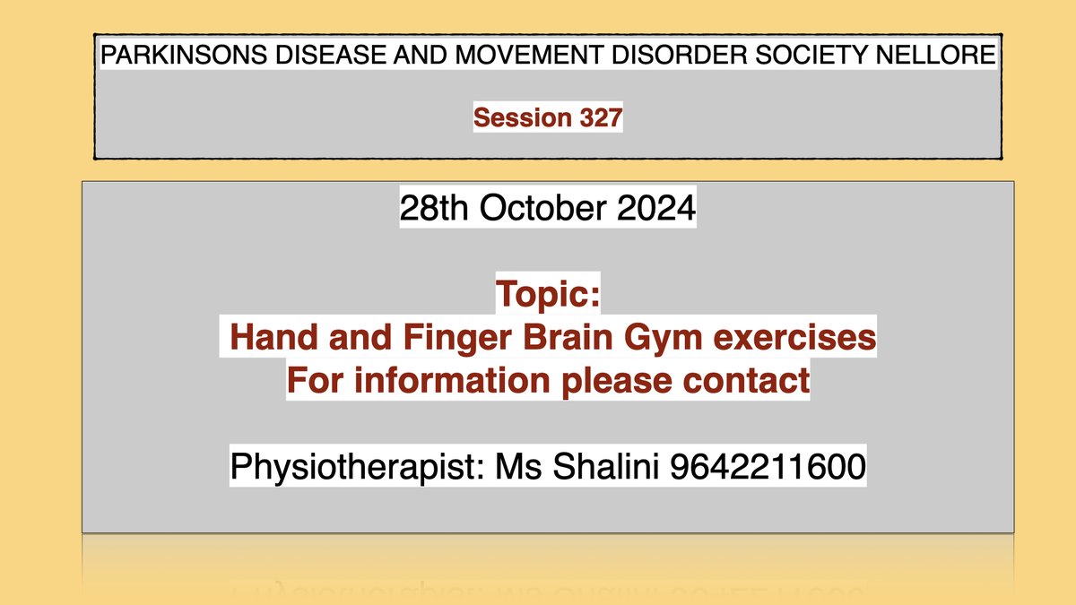 bindumenon2013's tweet photo. 28th October 2024.
Session 327
PARKINSON'S DISEASE AND MOVEMENT DISORDER SOCIETY NELLORE
Topic: Communication and Relationships
#drbindumenonfoundation
#neurologyonwheels
#PDMDS https://t.co/tO6mQ2RXCE