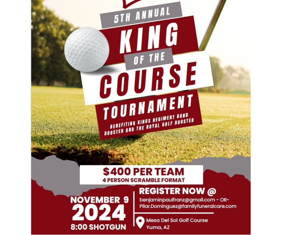 mesadelsolgolf1's tweet image. Get ready for the 5th Annual KOFA King of the Course Tournament to benefit the Band &amp;amp; Golf Boosters.  Saturday, November 9th @ 8am.  4 Person Scramble - $400 per team.  Come out and support your local schools. #mesadelsol #yumagolf #KOFAband #KOFAgolf