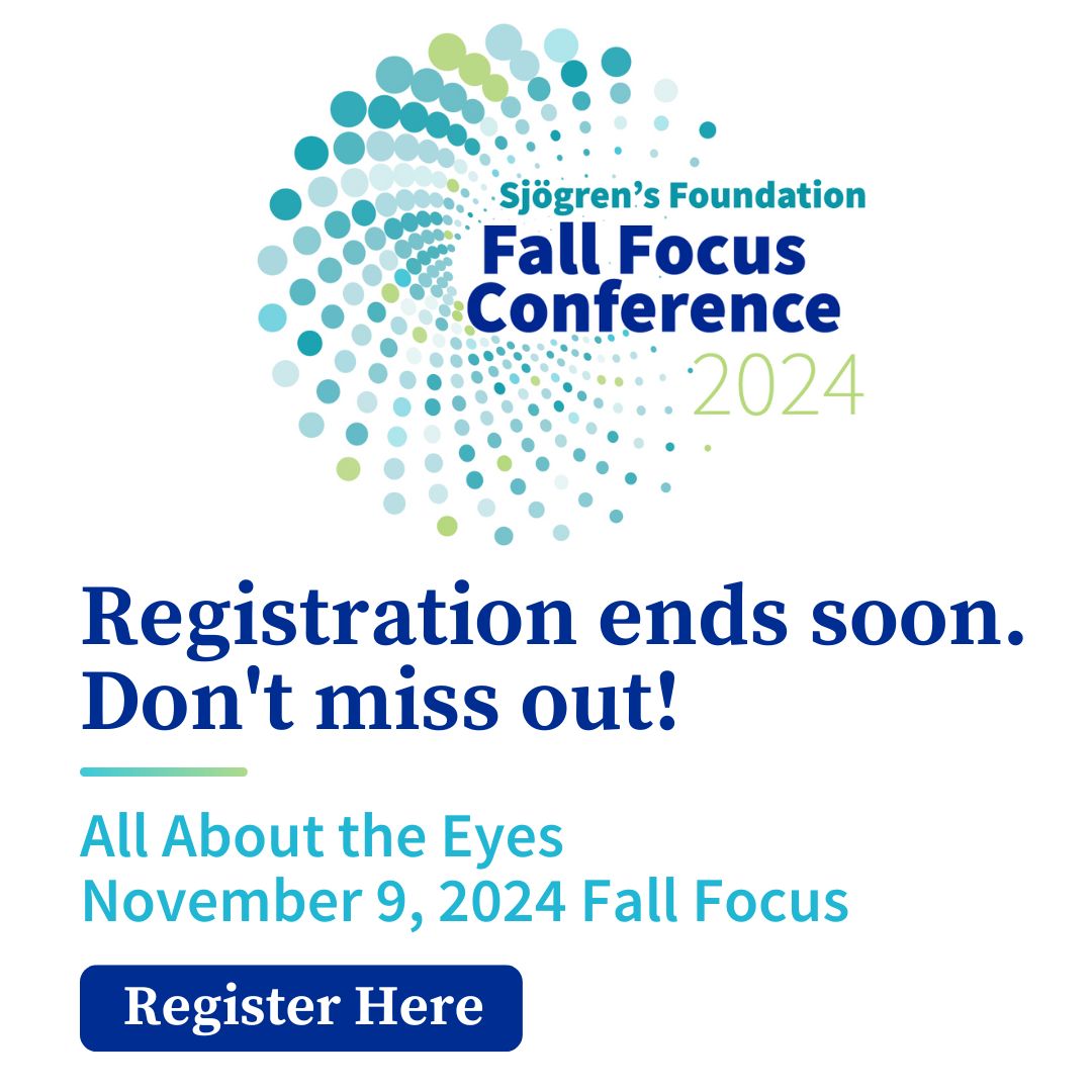 Register Today!

Looking Deeper into Ocular Manifestations of Sjögren’s Disease 
11/9/24
12-5pm (ET) 

buff.ly/2NB2BT5 

#Sjögrens #Sjogrens #SjögrensDisease #SjogrensDisease #SjögrensSyndrome #SjogrensSyndrome #DryEYe
