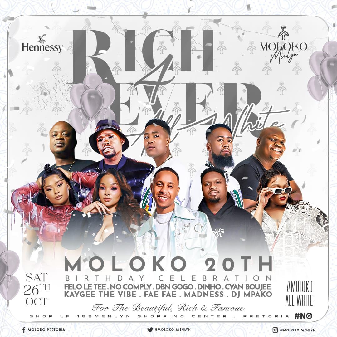 MsFuture🇿🇦 (@_msfuture_aiko) on Twitter photo 🔥 THE BIGGEST ALL-WHITE PARTY EVER! 🔥
Celebrate 20 legendary years of Moloko with us this Saturday🎂✨
#Moloko20th #MolokoAllWhite #BeThere <a href="/Moloko_Menlyn/">Moloko Menlyn</a> 🔥 THE BIGGEST ALL-WHITE PARTY EVER! 🔥
Celebrate 20 legendary years of Moloko with us this Saturday🎂✨
#Moloko20th #MolokoAllWhite #BeThere <a href="/Moloko_Menlyn/">Moloko Menlyn</a>