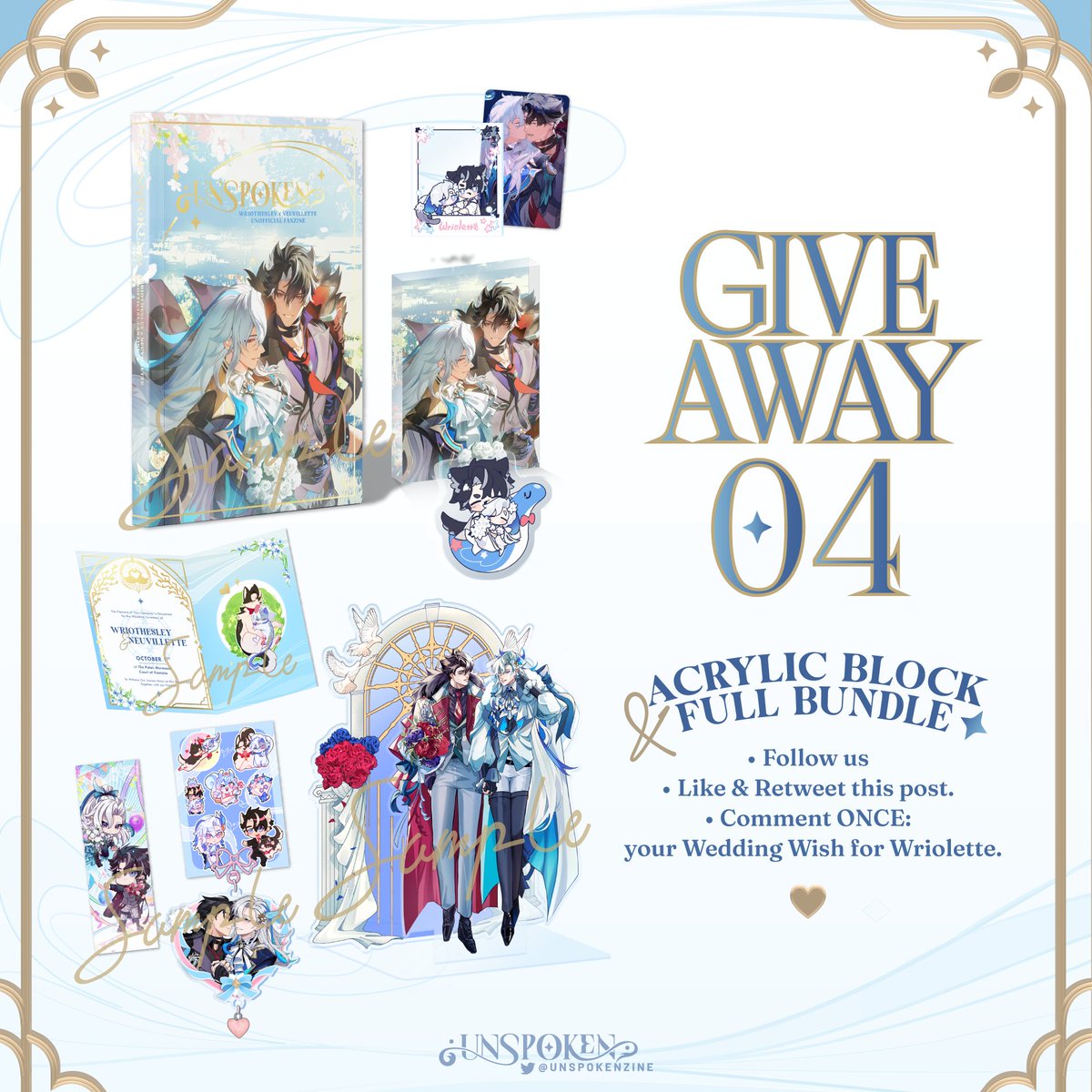 ❤️ Unspoken Zine Giveaway 04💙 

Our Final Giveaway! Write your wedding wish for Wriolette to get a chance to win a ✨Full Bundle ✨AND a beautiful Acrylic Block designed by our cover artist Lin /リン!

Do remember to follow all our giveaway rules. ⬇️
#wriolette #unspokenzine