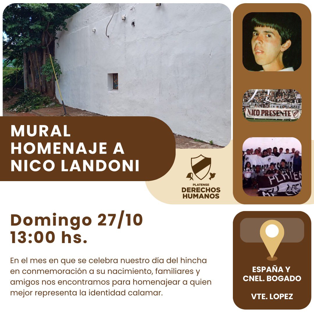 🤎MURAL HOMENAJE A NICO LANDONI 

Mañana en la previa del partido nos encontramos socios/as e hinchas para descubrir el mural y homenajear a Nico Landoni y su familia.

Te esperamos a las 13 hs en España y Coronel Bogado (Florida, Vicente López).

#NicoPresente #IdentidadCalamar