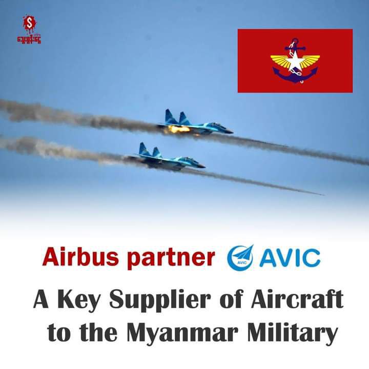 FNCCBurma's tweet photo. Responsibly divest and end its relationship with AVIC if AVIC refuses to end all business with the Myanmar military.

#Airbusted
#AirBus2AirStrikes
#WhatsHappeninglnMyanmar https://t.co/1InhGEVJvH