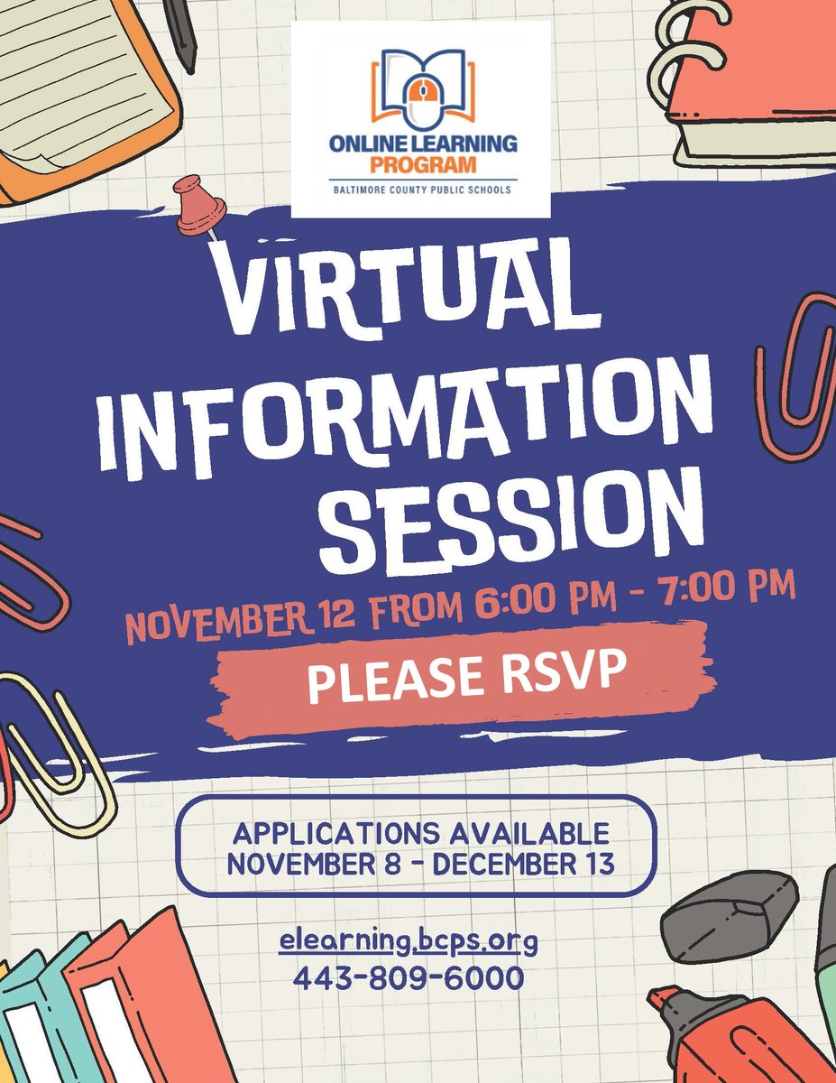 Baltimore County Public Schools (@baltcops) on Twitter photo 💻 <a href="/BCPS_OLP/">BCPS Online Learning Program (OLP)</a> will present a virtual information session for interested families on Tuesday, November 12, from 6-7 p.m. Please RSVP at forms.office.com/r/2hKvGz92HY
Applications for the 2025-2026 school year will be open from Nov. 8 - Dec. 13. Learn more at elearning.bcps.org 💻 <a href="/BCPS_OLP/">BCPS Online Learning Program (OLP)</a> will present a virtual information session for interested families on Tuesday, November 12, from 6-7 p.m. Please RSVP at forms.office.com/r/2hKvGz92HY
Applications for the 2025-2026 school year will be open from Nov. 8 - Dec. 13. Learn more at elearning.bcps.org