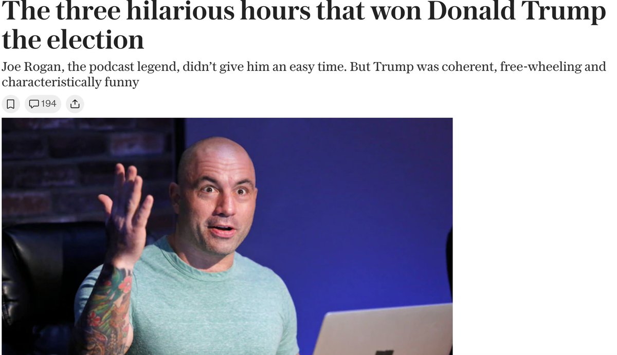 🇺🇸TELEGRAPH: "THE 3 HILARIOUS HOURS THAT WON DONALD TRUMP THE ELECTION"

On Joe Rogan’s podcast, Trump delivered a 3-hour, freewheeling interview packed with humor and blunt reflections.

He touched on North Korea, Biden’s policies, and even joked about his “bigger red button” in