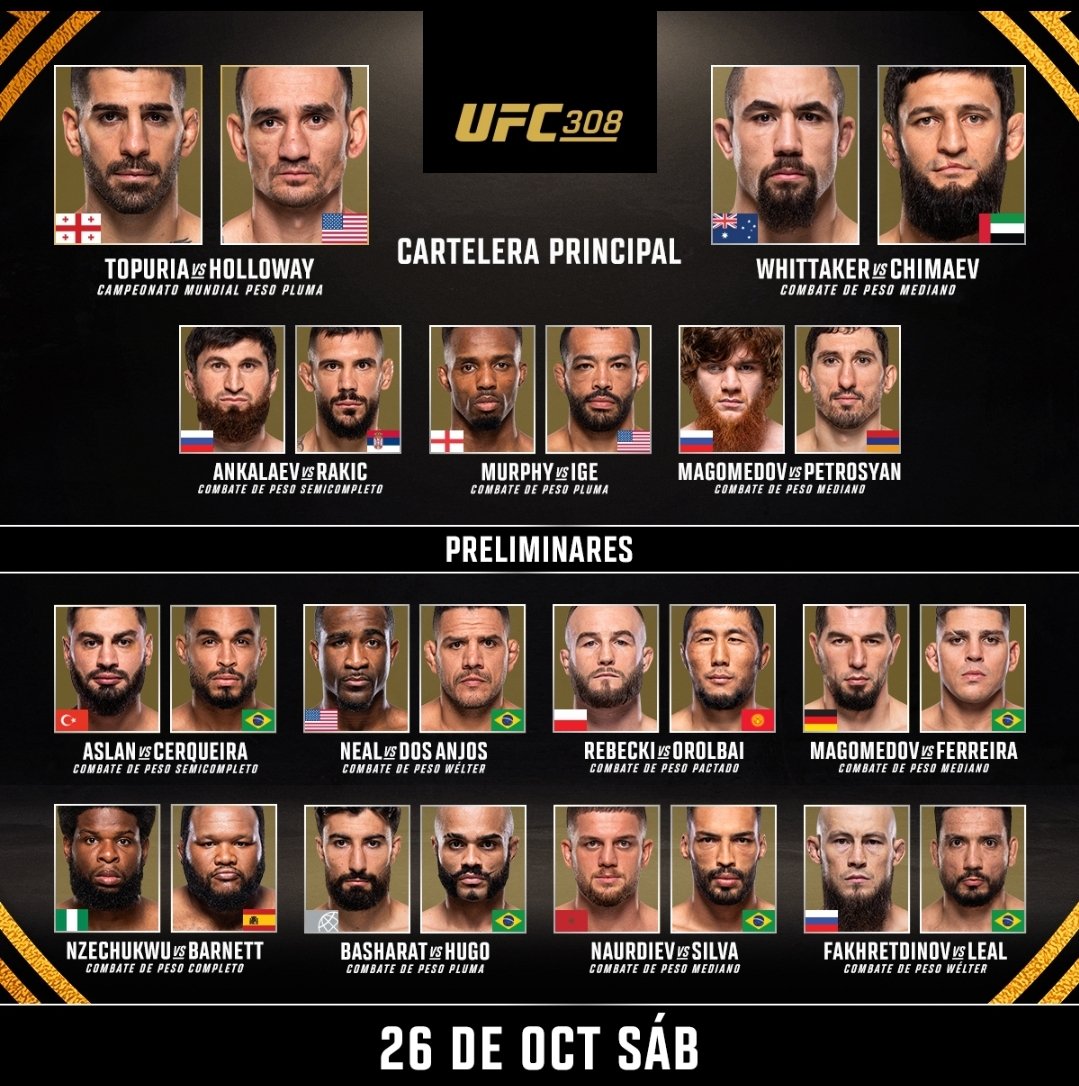 esquinaroja_'s tweet photo. HOY UFC308 A LAS 20.00🇪🇸
Para verlo en MAX streaming.
● @Topuriailia el campeón de peso pluma contra @BlessedMMA en el combate principal.
● @robwhittakermma  contra @KChimaev en el peso mediano
● Ankalaev contra Rakic
● Lerone Murphy contra Ige
● Magomedov contra Petrosyan https://t.co/wdHeQoVW0J