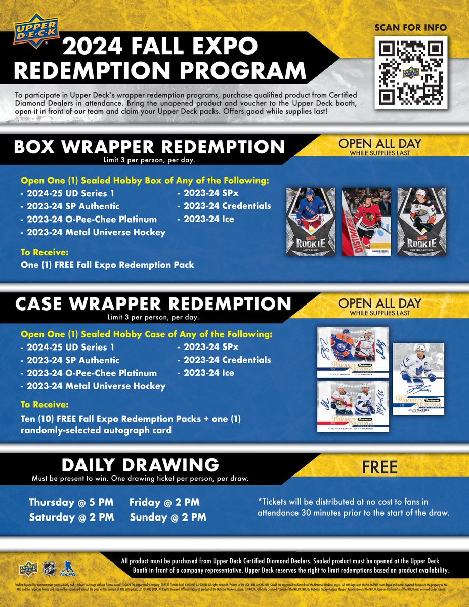 Planning on doing some @UpperDeckHockey breaking at the upcoming <a href="/sportcardexpo/">sportcardexpo</a>? Here's the redemption program - stop by our booths for great deals on all these products!