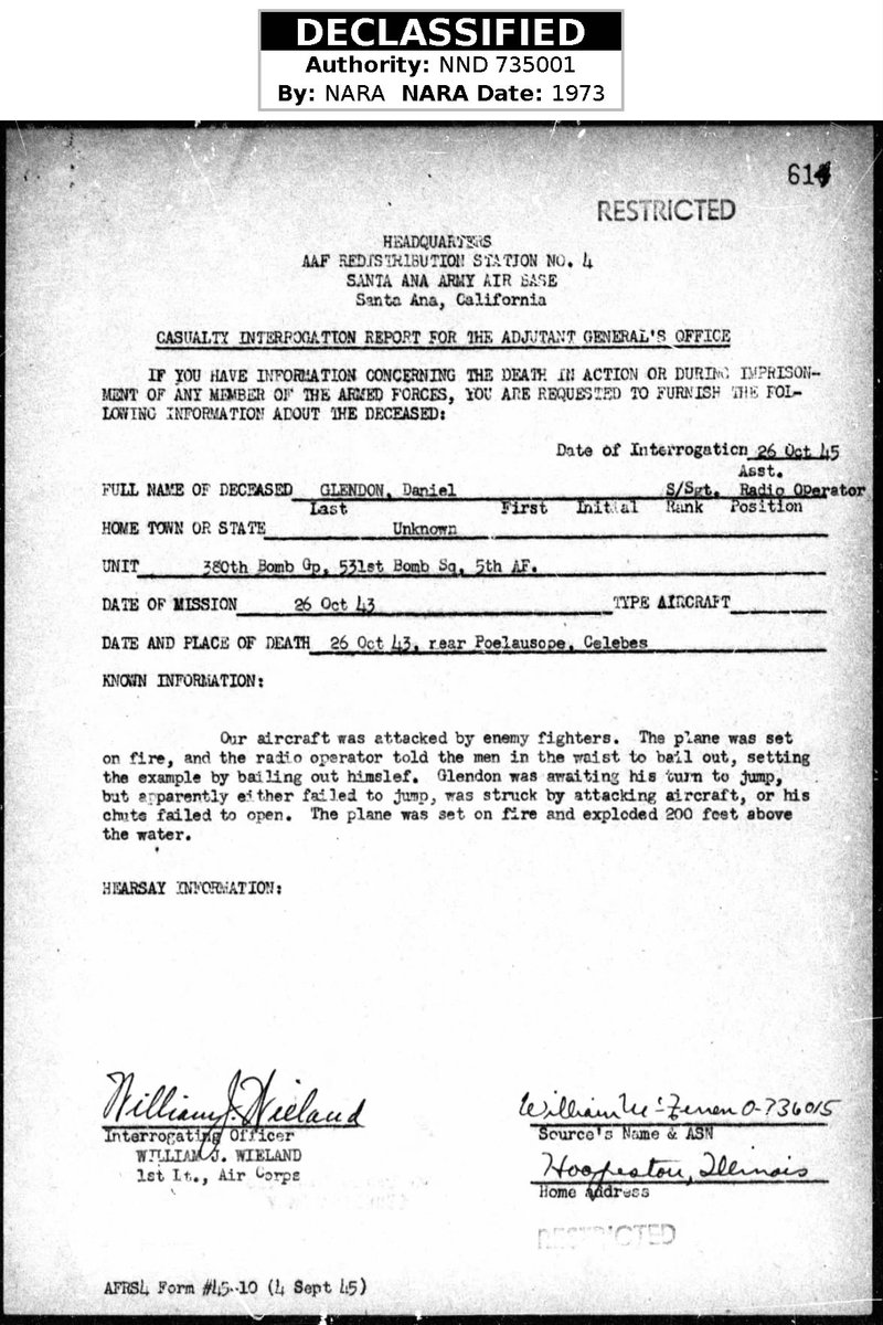 WW2Researcher's tweet image. Staff Sergeant Daniel R. Glendon, of Medford, Massachusetts, and the 531st Bomb Squadron, was MIA with his crew over Poelausope, Celebes, on October 26, 1943, 81 years ago today. #POWMIA @WW2Researcher @AFmuseum #380thBombGroup