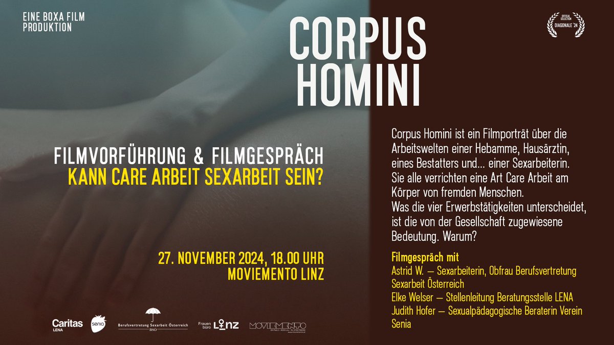Corpus Homini von Anatol Bogendorfer/<a href="/BoxaFilm/">BOXA FILM Filmproduktion</a> - Themenabende zu Sexarbeit mit Beteiligung der BSÖ in Graz, Wien und Linz. Es lohnt sich, der Film ist so toll!