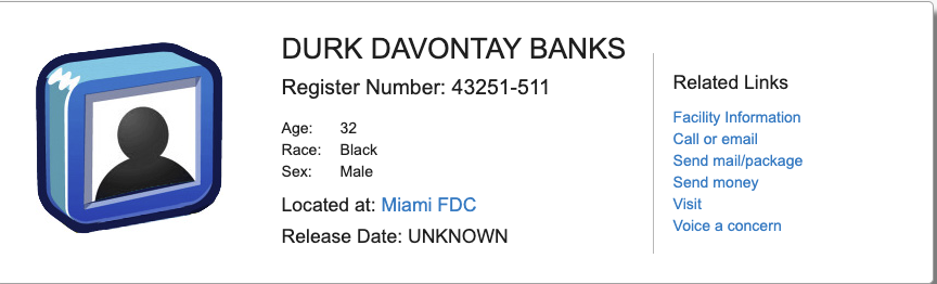 Akademiks's tweet photo. Lil Durk Has just been Booked into MIAMI FDC, which is a federal detention center in Miami. He waived an identity hearing and is currently awaiting US Marshals to transport him to Los Angeles, California which should happen shortly. https://t.co/2oWKWInMOL