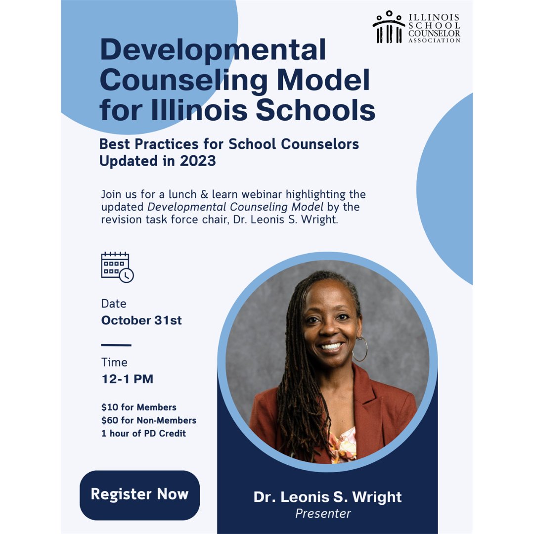 🍎 Professional Development Alert for Illinois School Counselors! 🍎

Join us for a special Lunch &amp; Learn on the Developmental Counseling Model for Illinois Schools – Best Practices for School Counselors, led by revision task force chair Dr. Leonis S. Wright!