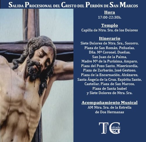 Trianero_cofrad's tweet photo. 📆 #AgendaTC | Hoy salida procesional del Cristo del @perdonsanmarcos.

⛪ Capilla de Ntra. Sra. de los Dolores

🕔 17:00-22:30h.

🥁 @EDH_1969 

#PerdónSanMarcos24
#TDSCofrade #TrianeroCofrade https://t.co/qe1k2bRMxL