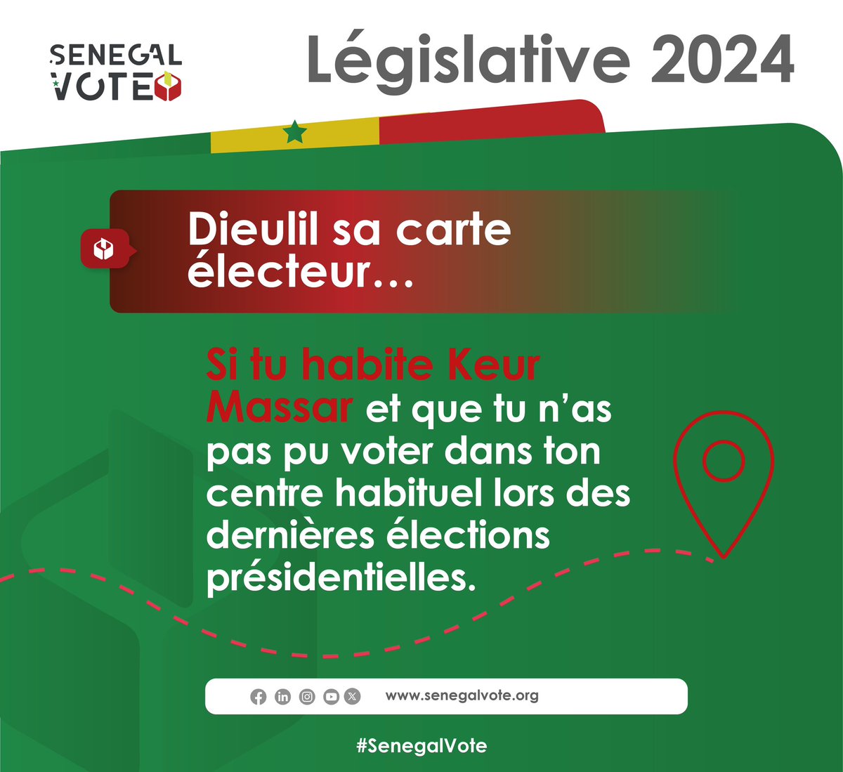 SenegalVote's tweet photo. Wa KEUR MASSAR, ngir yalla beugou niou benneuh problème 🙈

Les électeurs de Keur Massar et des autres communes impactées par le dernier découpage administratif qui n’ont pas pu voter aux dernières élections, allez récupérer vos cartes d’électeurs.
#SenegalVote #Legislatives2024 https://t.co/bNTX0ztYak